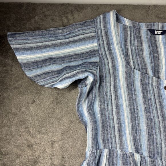 Lands' End Women Linen Sweetheart Button Front Midi Dress Blue Stripe Large G273 - Picture 4 of 11